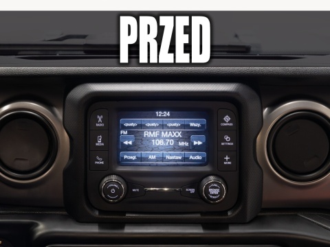 Upgrade radia Jeep Wrangler/Gladiator 2018–2021 – wymiana Delphi VP2 na fabryczne Panasonic Uconnect 8.4” z CarPlay/Android Auto